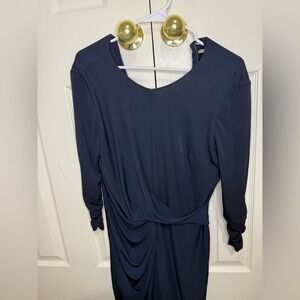Elie Tahari Navy Draped Midi Dress Women's M | Elegant Ruched 3/4 Sleeve‎
